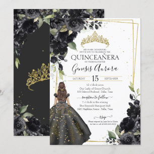 Black Floral Gold Accent Elegant Quinceanera Invit Invitation