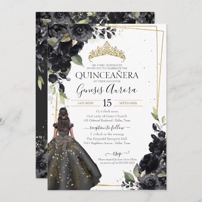 Black Floral Gold Accent Elegant Quinceanera Invitation (Front/Back)