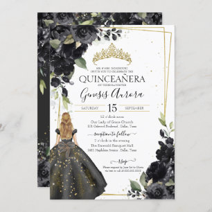 Black Floral Gold Accent Elegant Quinceanera Invitation