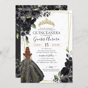 Black Floral Gold Accent Elegant Quinceanera Invitation