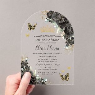 Black Floral Gold Butterflies Quinceanera 15 Arch Acrylic Invitations