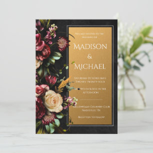 Black Floral Gold Modern Wedding Invitation