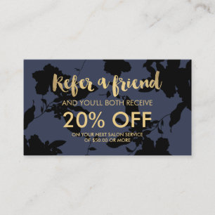 Black Floral Gold Text Blue Salon Referral Card