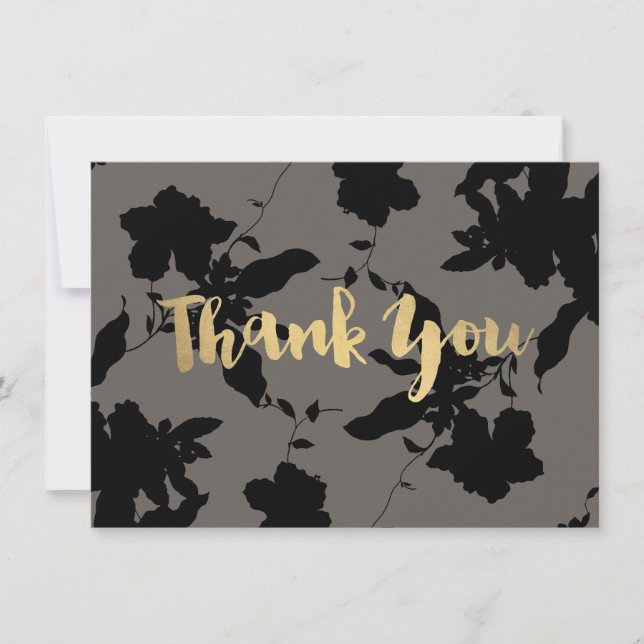 Black Floral Gold Text Grey Thank You Card (Front)