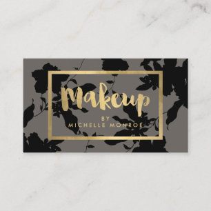 Black Floral Gold Text Makeup Artist Grey Business Card