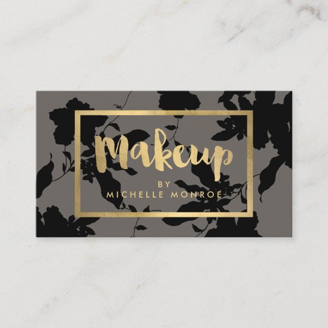 Black Floral Gold Text Makeup Artist Grey Business Card (Front)