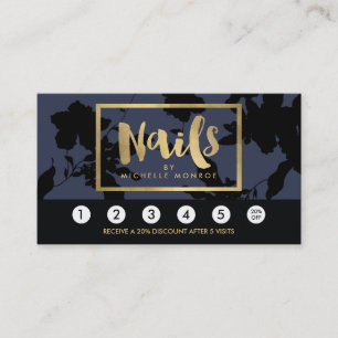 Black Floral Gold Text Nail Salon Blue Loyalty Card