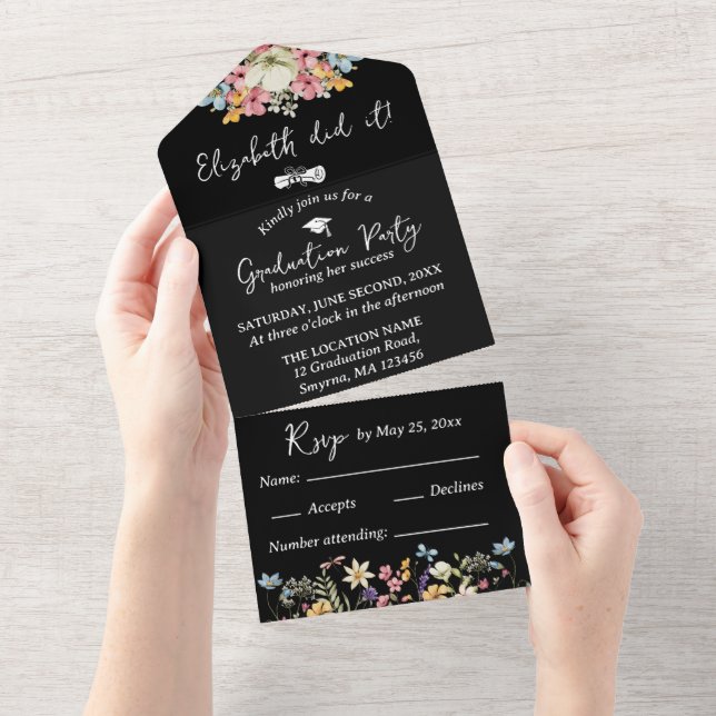 Black Floral Graduation Party All in One  All In One Invitation (Tearaway)