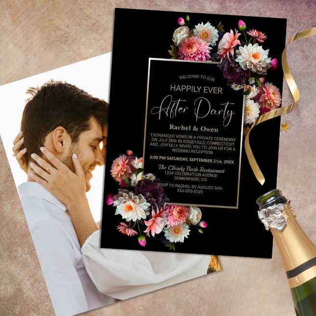 Black Floral Happily Ever After Wedding Reception Invitation (Creator Uploaded)
