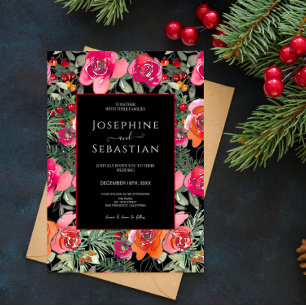 Black Floral Holly Berries Christmas Wedding Invitation
