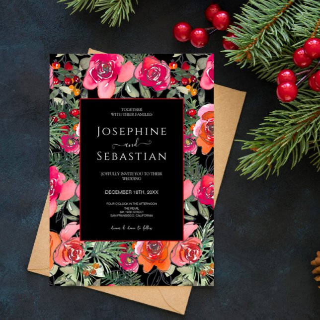 Black Floral Holly Berries Christmas Wedding Invitation (Creator Uploaded)