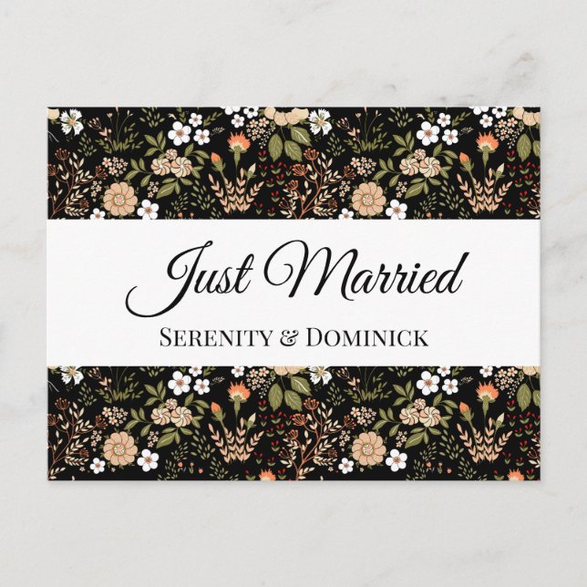 Black Floral Just Married Wedding Announcement (Front)