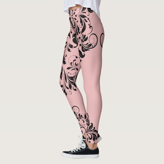 Black Floral Lace Pink Background Leggings (Left)