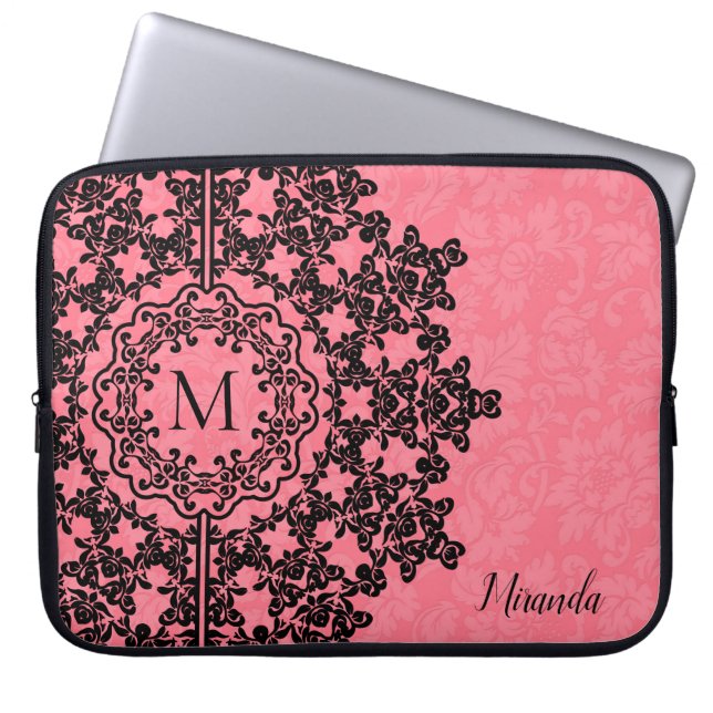 Black Floral Lace Pink Damask Monogrammed Laptop Sleeve (Front)