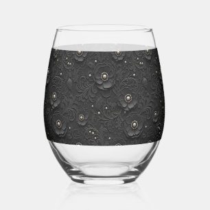 Black Floral Lace with Pearls Stemless Wine Glass