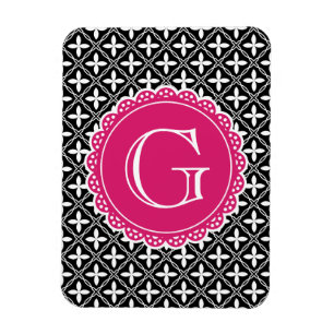 Black Floral Lattice Pattern Hot Pink Monogram Magnet