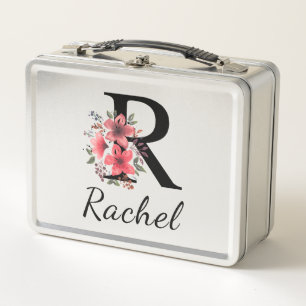 Black Floral Letter R Monogram with custom Name Metal Lunch Box