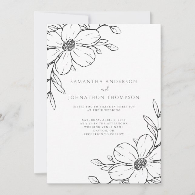 Black Floral Line Drawing Wedding Invitation (Front)