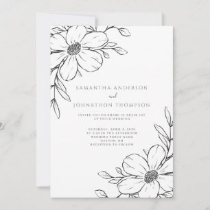 Black Floral Line Drawing Wedding Invitation