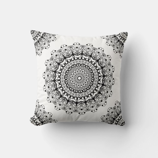 Black floral mandala on a white background cushion (Front)