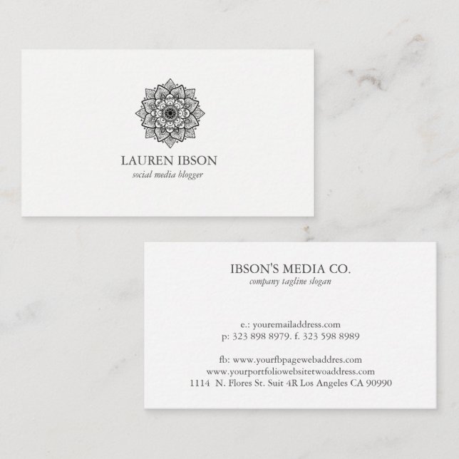 Black floral mandala on white business card (Front/Back)