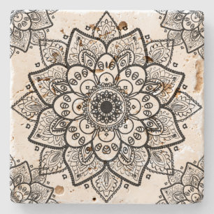 Black Floral Mandala Over White Background Stone Coaster