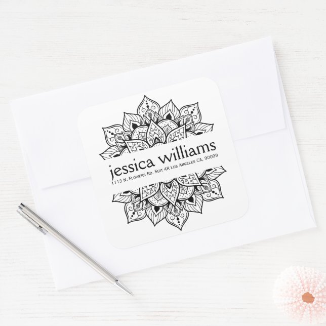 Black floral mandala square sticker (Envelope)