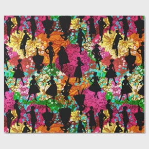 black floral mid century 1950s vintage silhouette  wrapping paper