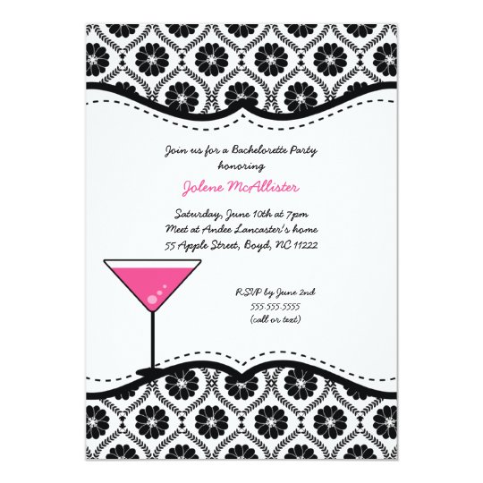 Black Floral Mod Damask Bachelorette Party Invite