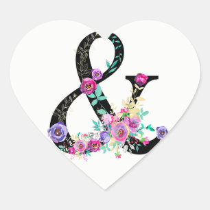 Black Floral Modern Ampersand Chic Spring Wedding Heart Sticker