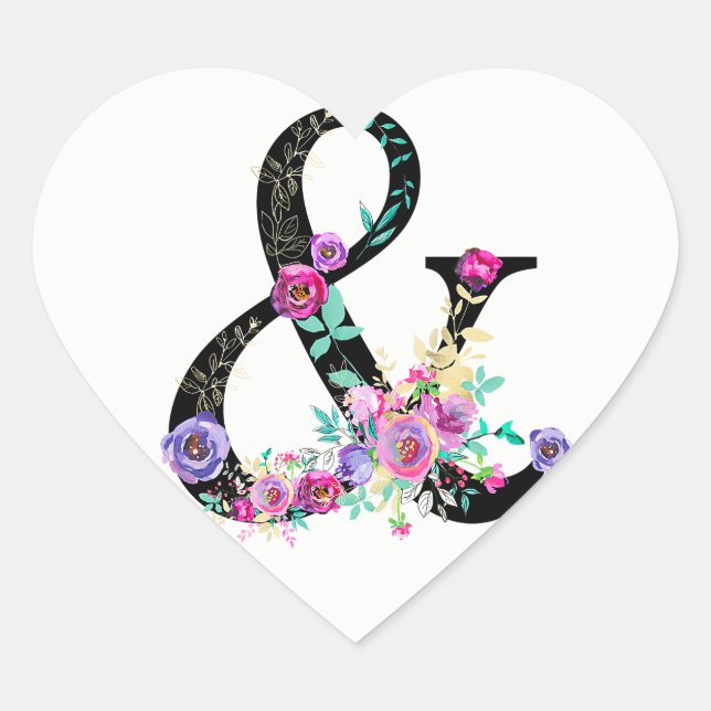 Black Floral Modern Ampersand Chic Spring Wedding Heart Sticker (Front)