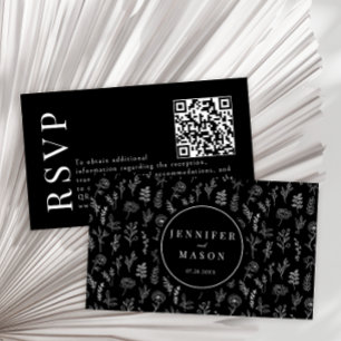 Black floral modern wedding RSVP QR code cards
