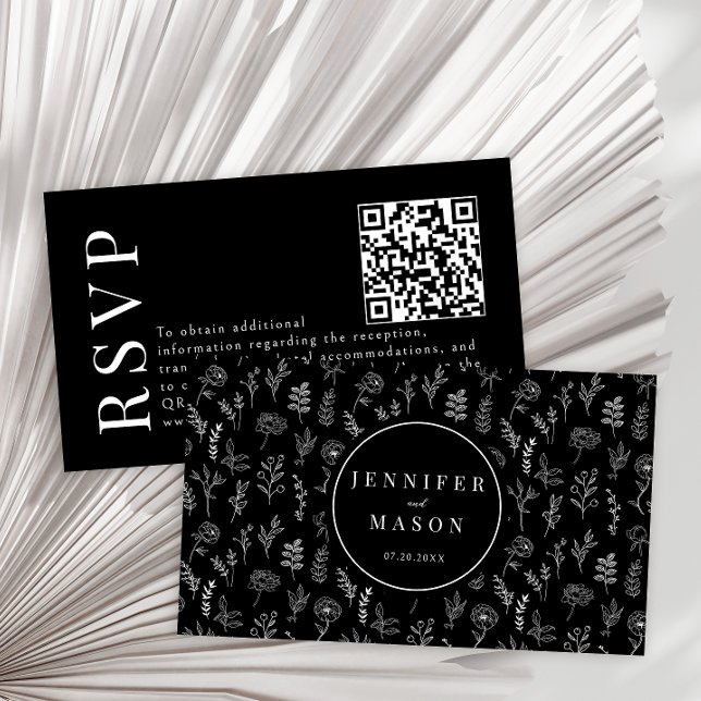 Black floral modern wedding RSVP QR code cards (Creator Uploaded)