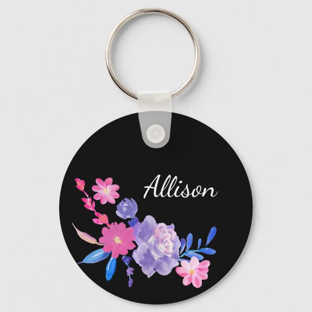 Black Floral Monogram Cute Pretty Pink Girly Key Ring (Front)