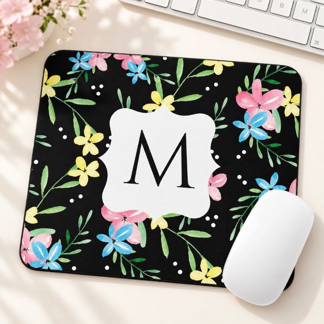 Black Floral Monogram Mouse Pad (Creator Uploaded)