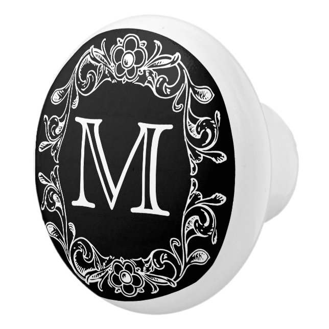 Black Floral Monogrammed Ceramic Knob (Right)