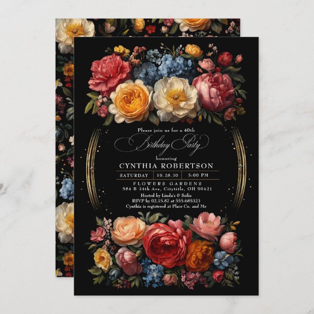 Black Floral Moody Botanical Gothic Birthday Party Invitation (Front/Back)
