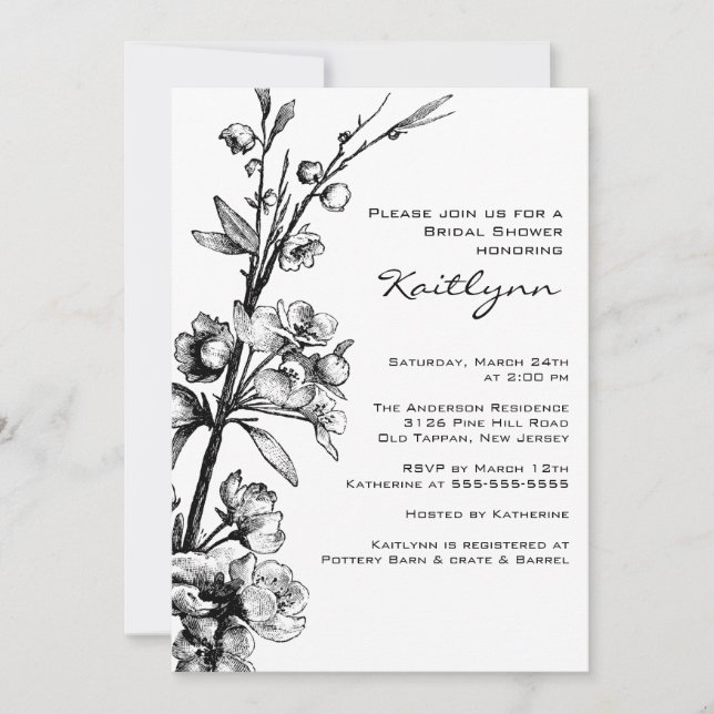 Black Floral on White Bridal Shower Invitation (Front)