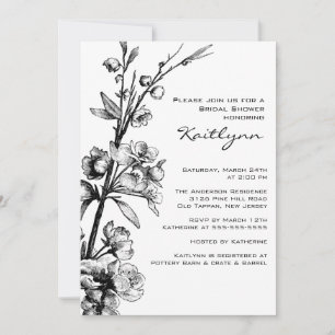 Black Floral on White Bridal Shower Invitation