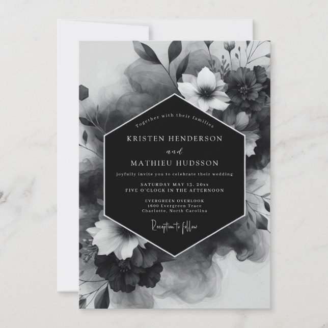 Black Floral Opulent Wedding Invitation (Front)