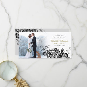 Black Floral Paisley Boho Elegant Wedding Photo Thank You Card