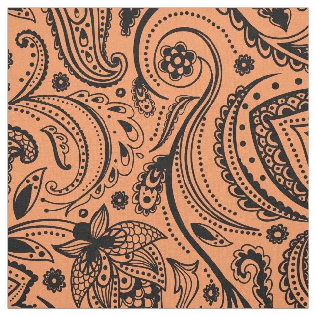 Black Floral Paisley-Custom Orange Background Fabric (Swatch)