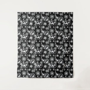 Black Floral Paisley Illustration Pattern Design Tapestry