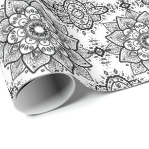 Black Floral Paisley Mandala Pattern Wrapping Paper