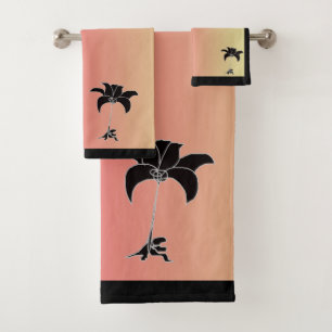 Black Floral Pastel Pink Yellow Gradient  Bath Towel Set
