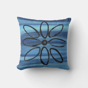 Black Floral Pattern on Blue Background Cushion