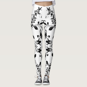 Black Floral Pattern on White Women's Workout Leggings
