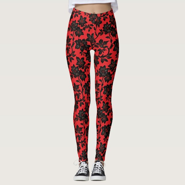 Black Floral Pattern Red Leggings (Front)