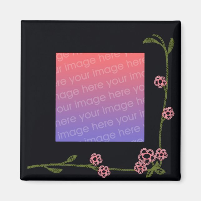 Black Floral Photo Frame Magnet (Front)