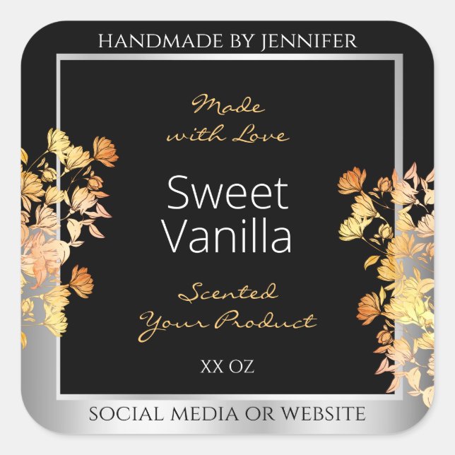 Black Floral Product Packaging Label Orange Silver (Front)